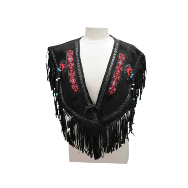 Black Suede Fringed and Beaded Cape Shawl