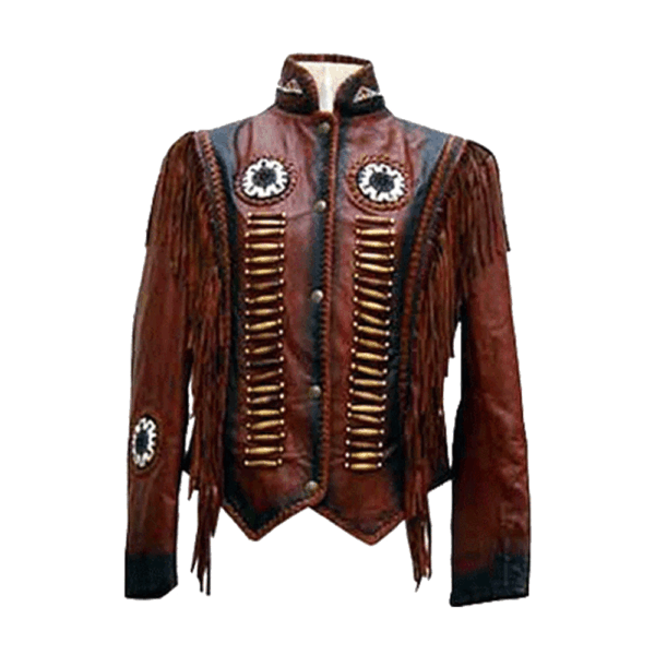 Brown Leather Fringe Beaded Jacket