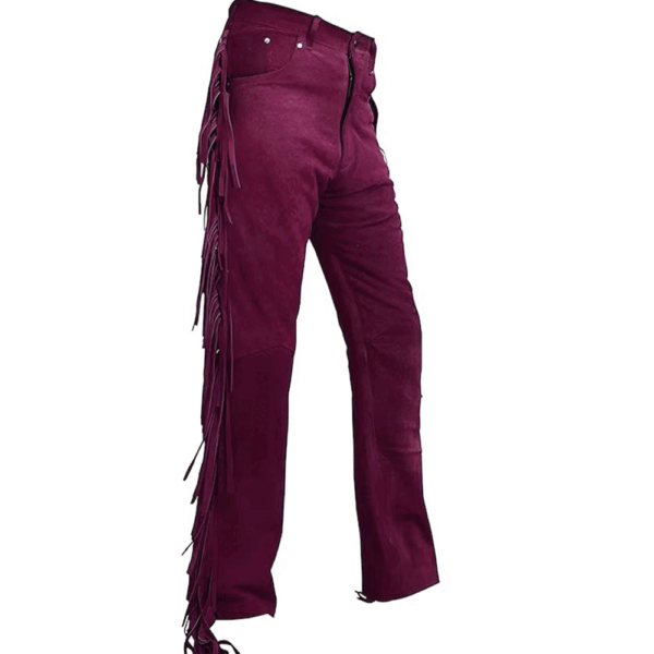 Maroon Suede Fringe Pants For Woman