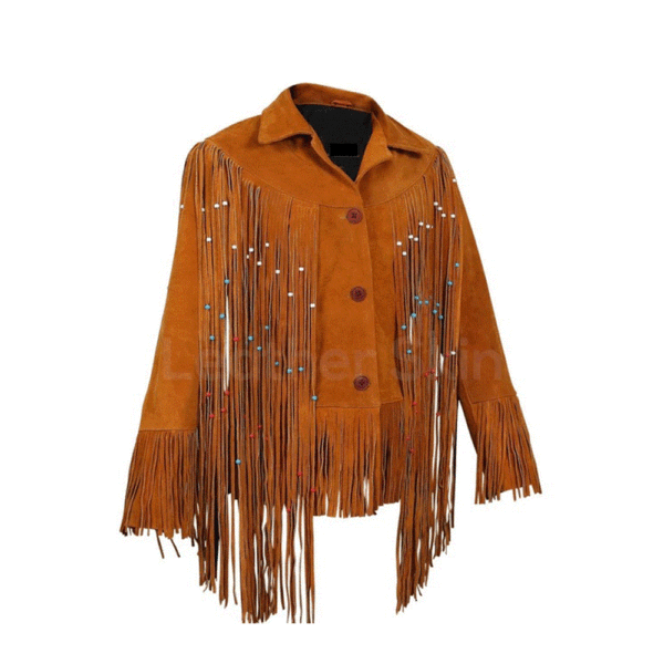 Brown Suede Beaded Long Fringe Jacket