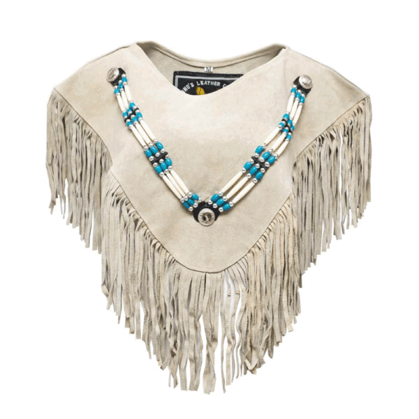 White Suede Fringe And Bead work Cape