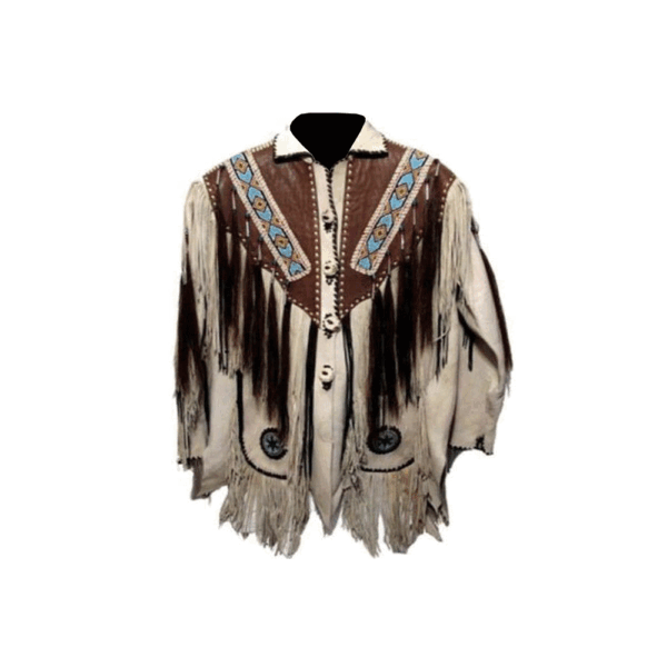 Beige Leather Brown Fringe Beaded Jacket