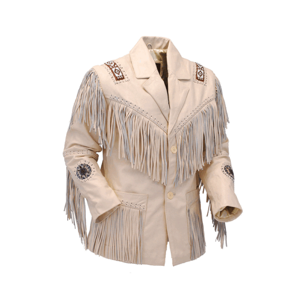 Beige Fringe Beaded Leather Jacket For Men