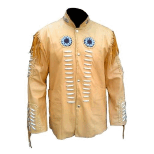 Golden Fringe Beaded Leather Jacket For Men