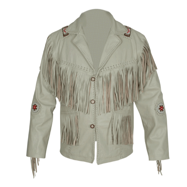 Beige Fringe Beaded Leather Jacket