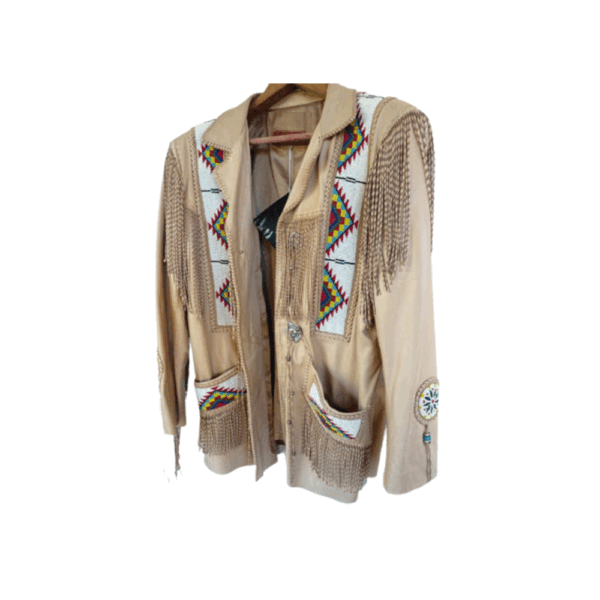 Beige Fringe Beaded Suede Leather Jacket