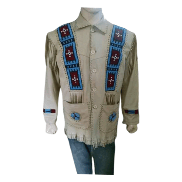 Beige Fringe Blue Beaded Leather Jacket