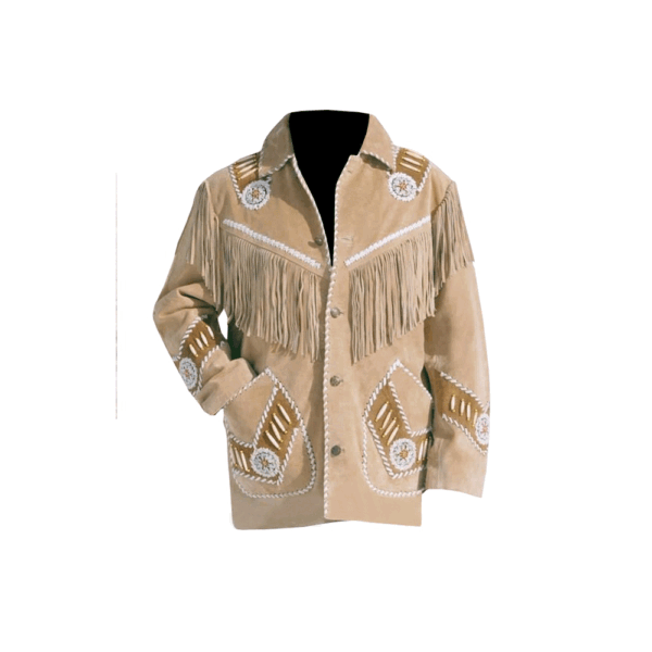 Beige Leather Fringe Beaded Jacket