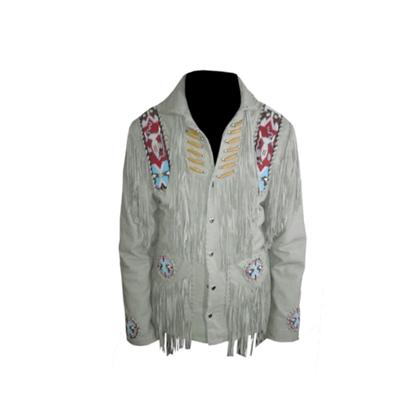 Beige Suede Leather Fringe Beaded Jacket For Men