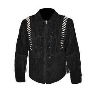 Black Suede Leather Fringe And Bone Work For Men