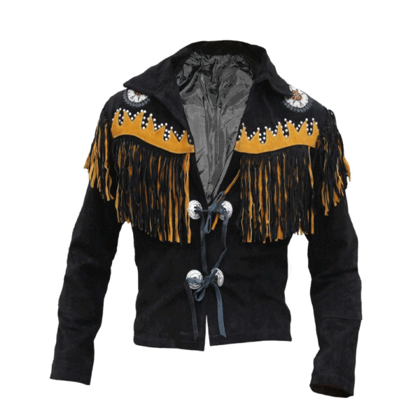 Black Suede leather Fringe Beaded Jacket For Men