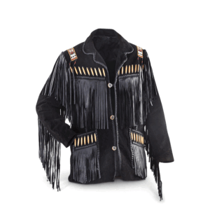 Black Suede Fringe Bone Beaded Jacket For Men