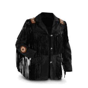 Black Suede Fringe Beaded Jacket For Men