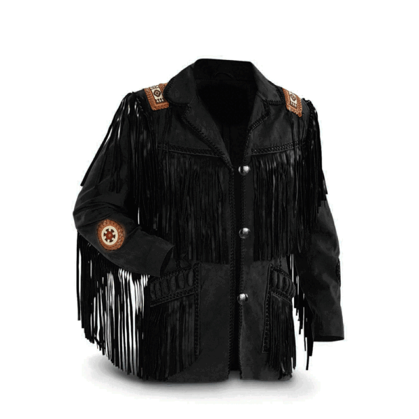 Black Suede Fringe Beaded Jacket For Men