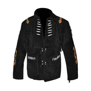 Black Suede Fringe Beaded Bone Jacket For Men