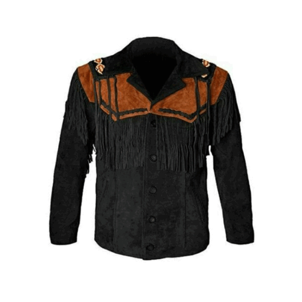 Black Suede Fringe Beaded Jacket For Men