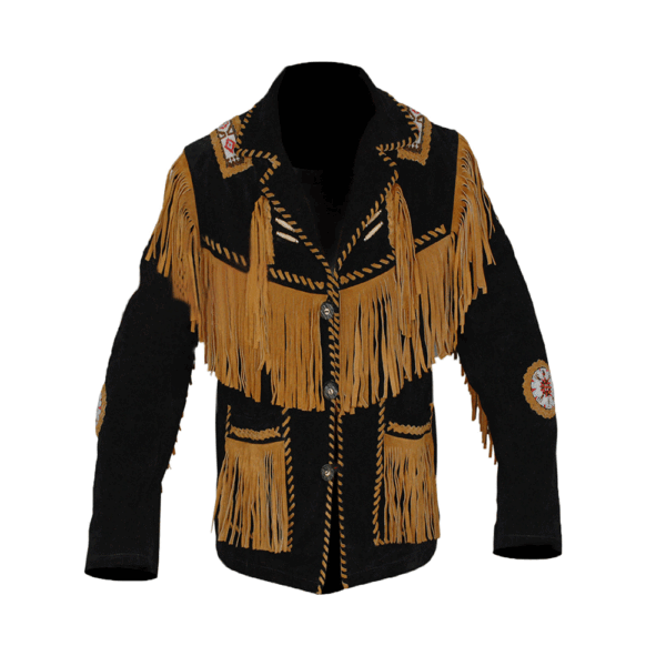 Black Suede Leather with Brown Fringe Beaded Jacket For Men