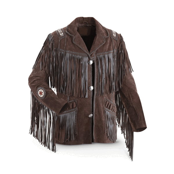 Brown Suede Leather Fringe And Beaded Jacket