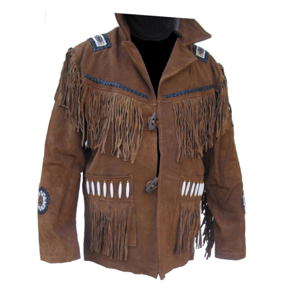 Brown Suede Leather Fringe Bone And Beaded Jacket