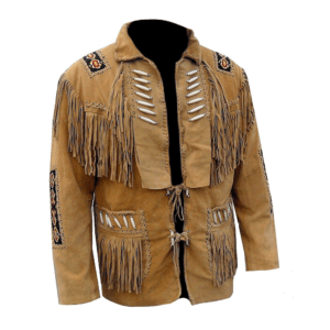 Brown Suede Leather Fringe Bone And Beaded Jacket