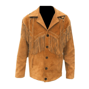 Golden Brown Suede Leather Fringe Jacket For Men