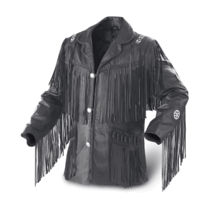 Black Leather Fringe Beaded Jacket For Men