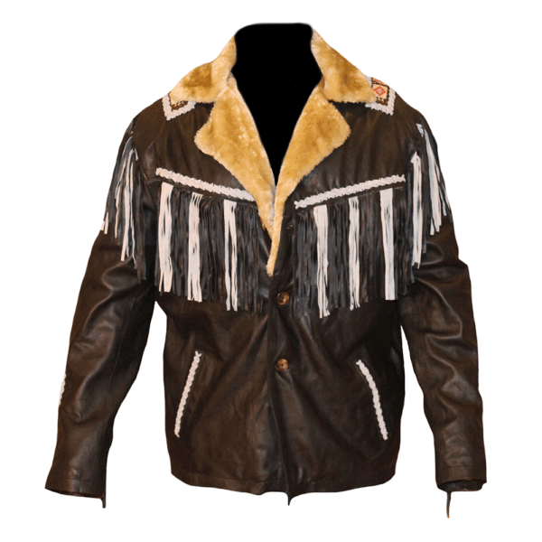 Brown Leather Fringe Beaded Jacket For Men