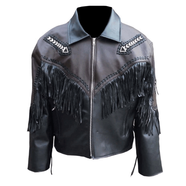 Black Leather Fringe Beaded Jacket For Men