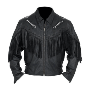 Black Leather Fringe Arrow Beaded Jacket