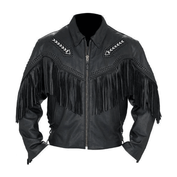 Black Leather Fringe Arrow Beaded Jacket