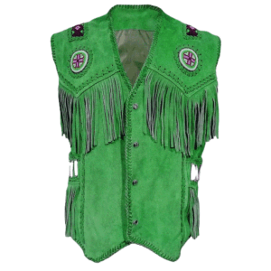 Green Suede Leather Fringe Beaded Vest For Men