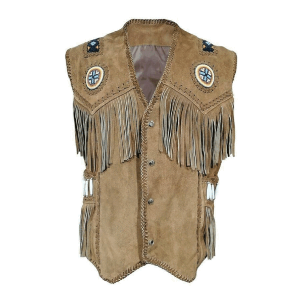 Beige Suede Leather Fringe Beaded Vest For Men