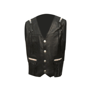 Black Pure Leather Fringe Beaded Vest For Men