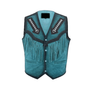 Turquoise Suede Leather Fringe Beaded Vest For Men