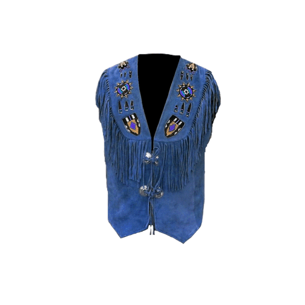 Blue Suede Leather Fringe Beaded Vest For Men