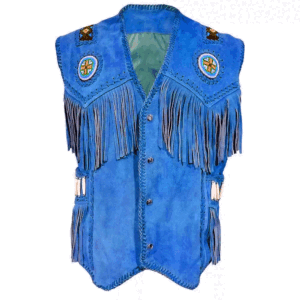 Blue Suede Leather Fringe Beaded Vest For Men