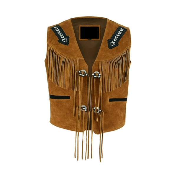 Brown Real Suede Leather Fringe Beaded Vest For Men