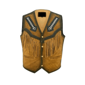 Brown Suede Leather Fringe Beaded Vest For Men MWV716