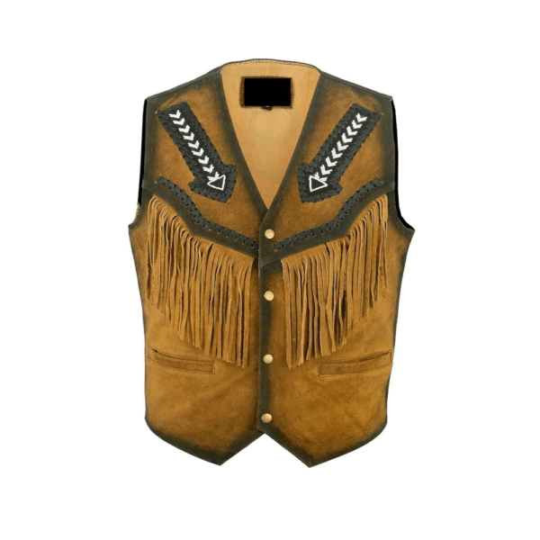 Brown Suede Leather Fringe Beaded Vest For Men MWV716