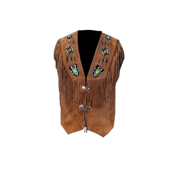 Brown Suede Leather Fringe Beaded Vest For Men