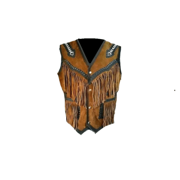 Brown Real Suede Leather Fringe Beaded Vest For Men