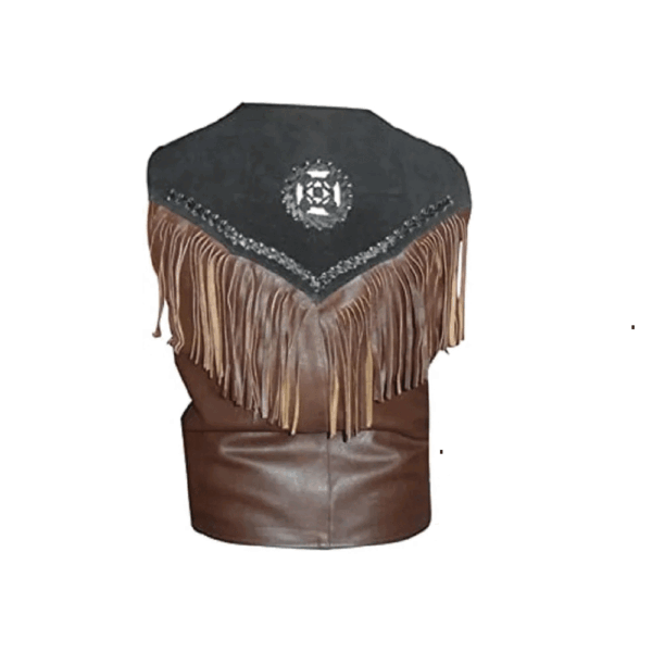 Brown Suede Leather Fringe Beaded Vest For Men 2 Tone Vest MWV721 - Image 4