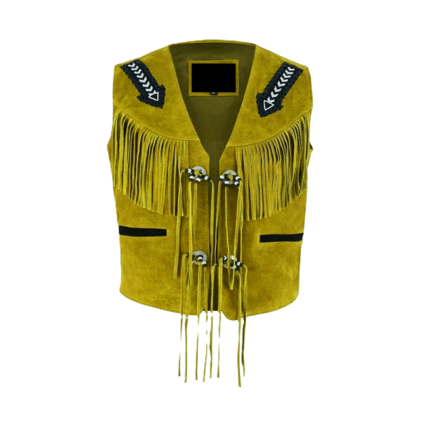 Tan Suede Leather Fringe Beaded Vest For Men