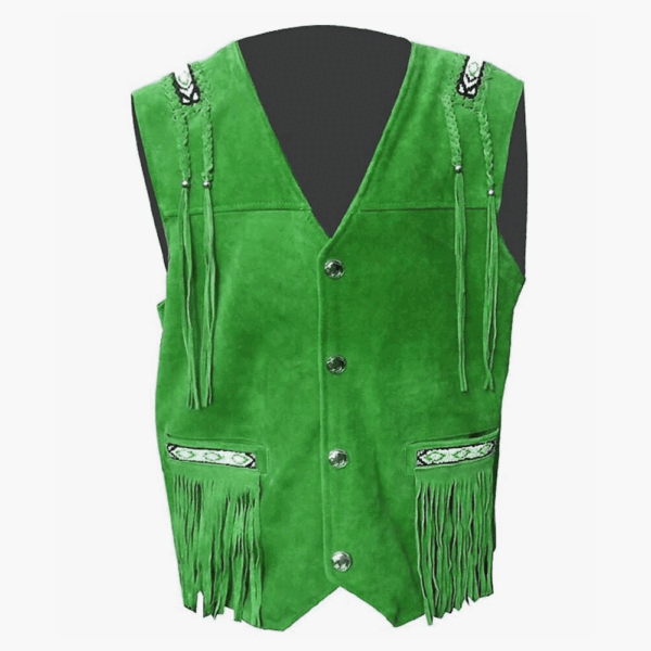 Brown Suede Leather Fringe Beaded Vest For Men