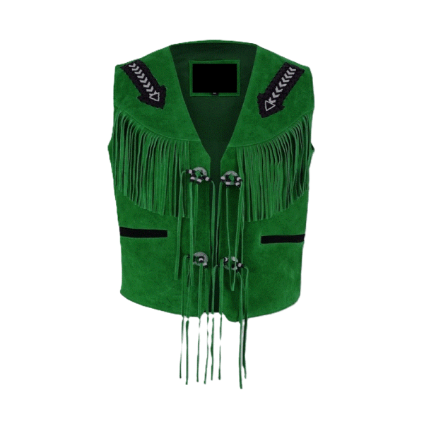 Green Suede Leather Fringe Beaded Vest For Men