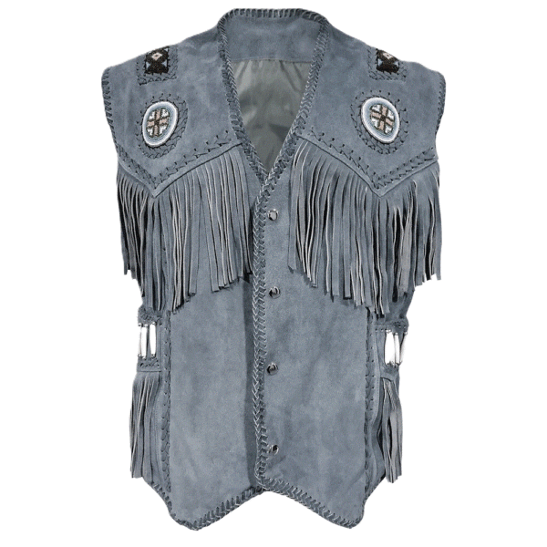 Grey Suede Fringe Beaded Vest For Men