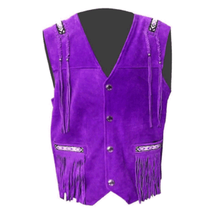 Purple Suede Leather Fringe Beaded Vest For Men