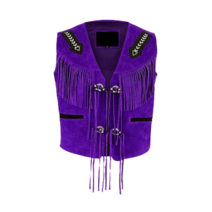 Purple Suede Leather Fringe Beaded Vest For Men