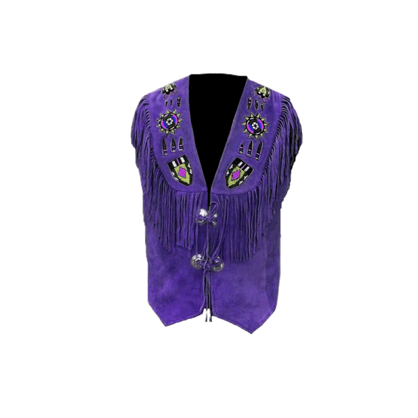 Purple Suede Leather Fringe Beaded Vest For Men