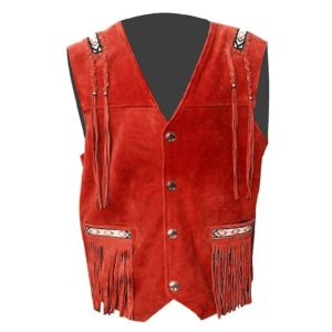 Red Suede Leather Fringe Beaded Vest For Men